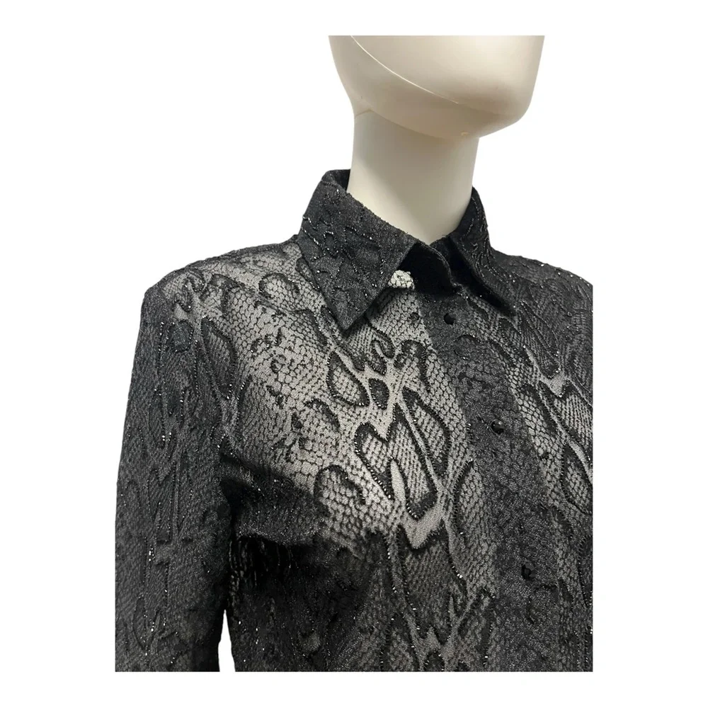 Carmen Marc Valvo Collection Black Shimmer Beaded Cocktail Party Shirt Top 8 - Picture 6 of 9